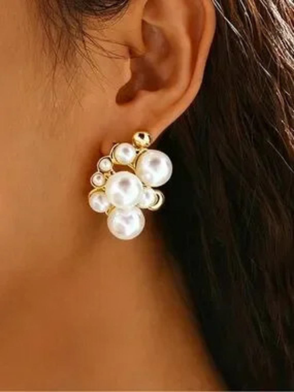 Anthropologie Gold Tone Pearl Cluster Earrings - White & Gold